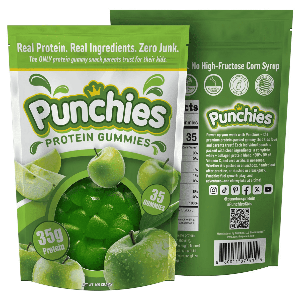 Punchies Protein Fruit Snacks for Kids – Green Apple – 5g Protein, 100% Vitamin-C, No Junk – 2-Pack