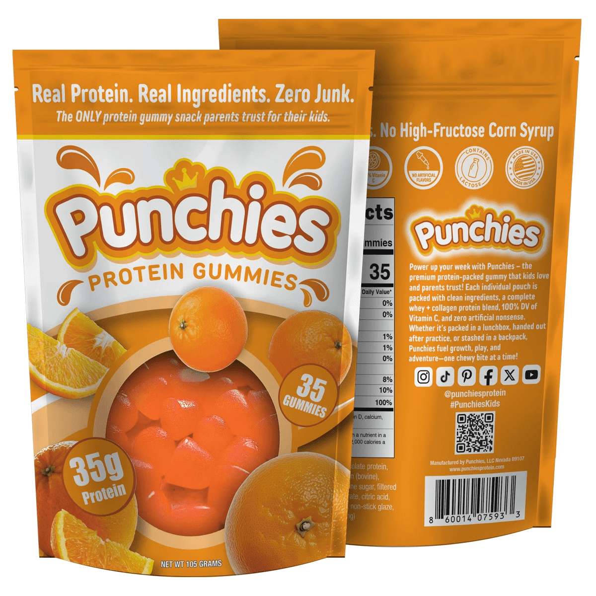 Punchies Protein Fruit Snacks for Kids | Orange | 35 Gummies per Bag | 5g Protein per Serving | 2-Pack
