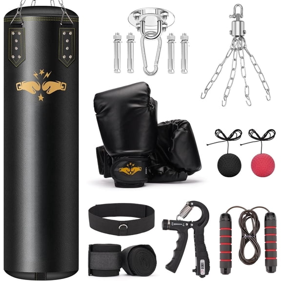 Punching Bag for , 4ft PU Leather 6 in 1 Heavy Boxing Bag Set, Punching Bag with 12oz Boxing Gloves, Hand Wraps, Bag for MMA Karate Kickboxing Muay Thai Boxing - Unfilled
