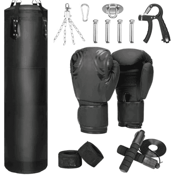 Punching Bag for Adults, 4FT Heavy Boxing Bag Set with 12OZ Boxing Gloves, Hand Wraps, Jump Rope and Grip Strength Trainer, Perfect for MMA Karate Kickboxing Boxing - Unfilled