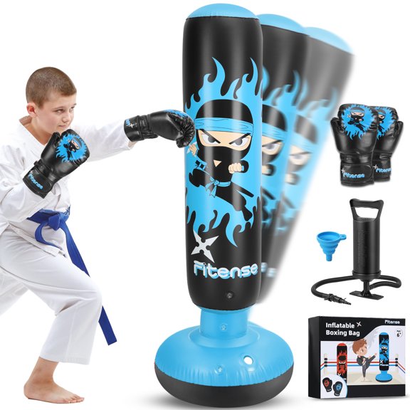 Punching Bag for Kids, 63 Inch Stable Inflatable Punching Bag with Boxing Gloves, Home Training Boxing Bag Gifts Toy for Boys & Girls Age 3-12 for Practicing Karate, Taekwondo, MMA - Blue