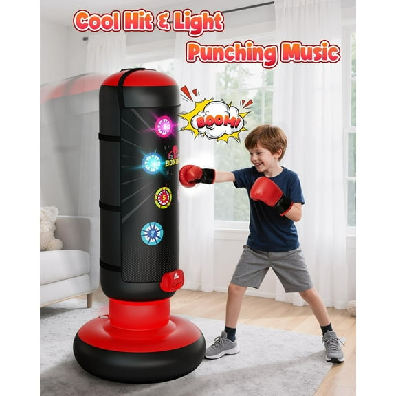 Punching Bag for Kids, Boxing Set with Scoring, Light, Music, 4 Game Modes, Inflatable Boxing Bag with Gloves, Birthday Gifts Toys for 4-8-12 Years Old Boys