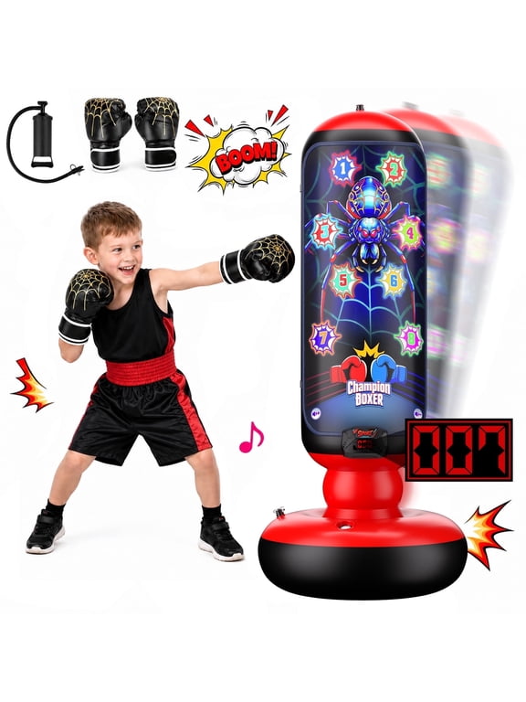 Punching Bag for Kids, Boxing Bag with Light, Music, Scoring System, 4 Play Modes, Inflatable Boxing Toy with Gloves, Birthday Gifts Toys for 4-12 Years Boys and Girls