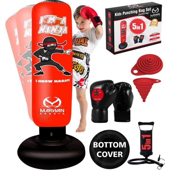 Punching Bag for Kids | Free Standing Ninja Inflatable kids Punching Bag Set incl Air Pump & Boxing Gloves | Toys for Boys & Girls | Indoor/Outdoor Kids Toys for Karate, Taekwondo