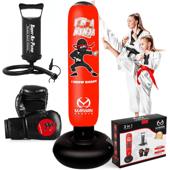 Punching Bag for Kids | Free Standing Ninja Inflatable kids Punching Bag Set incl Air Pump & Boxing Gloves | Toys for Boys & Girls | Indoor/Outdoor Kids Toys for Karate, Taekwondo