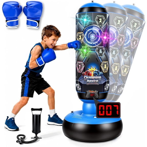 Punching Bag for Kids with Gloves & Pump, LED Lights Music & Electronic Scoring, 4 Game Modes Interactive Cyberpunk Inflatable Boxing Set, Freestanding Toys for Boys Girls Ages 4-12 Gifts