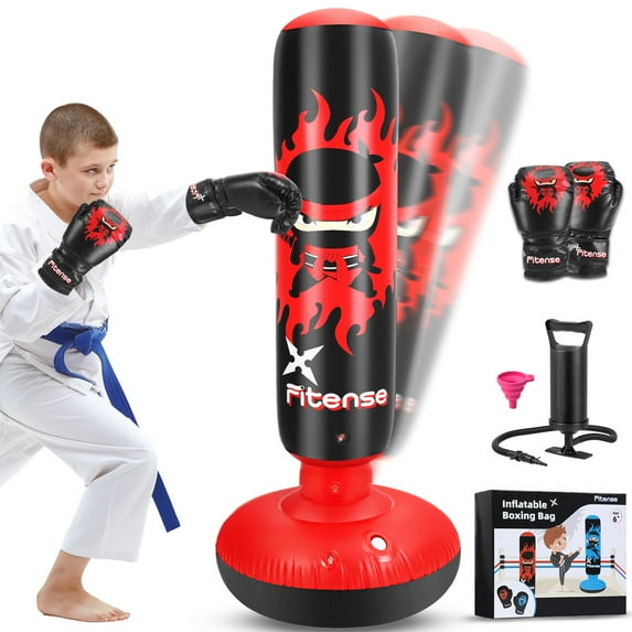 Punching Bag for Kids, 63 Inch Inflatable Boxing Bag with Gloves, Funnel & Pump, Boxing Toy & Gifts for for 3-6 Boys & Girls, Kids Boxing Set for Practicing Karate, Taekwondo, Red