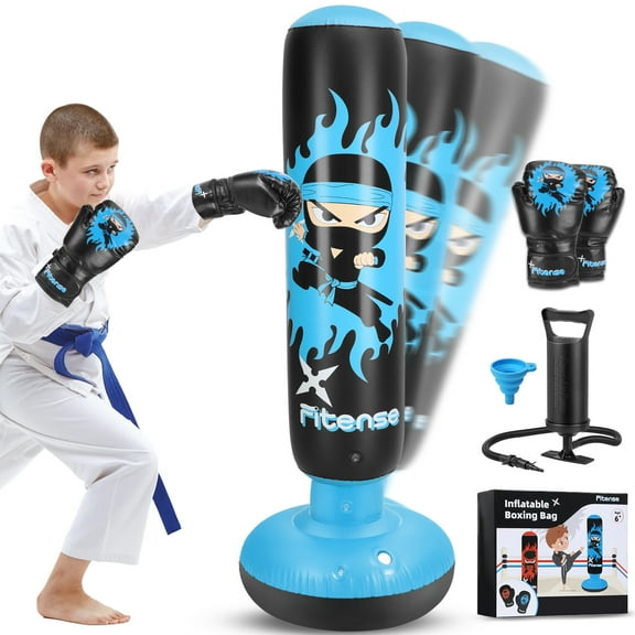 Punching Bag for Kids, 63 Inch Inflatable Boxing Bag with Gloves, Funnel & Pump, Boxing Toy & Gifts for for 3-6 Boys & Girls, Kids Boxing Set for Practicing Karate, Taekwondo, Blue