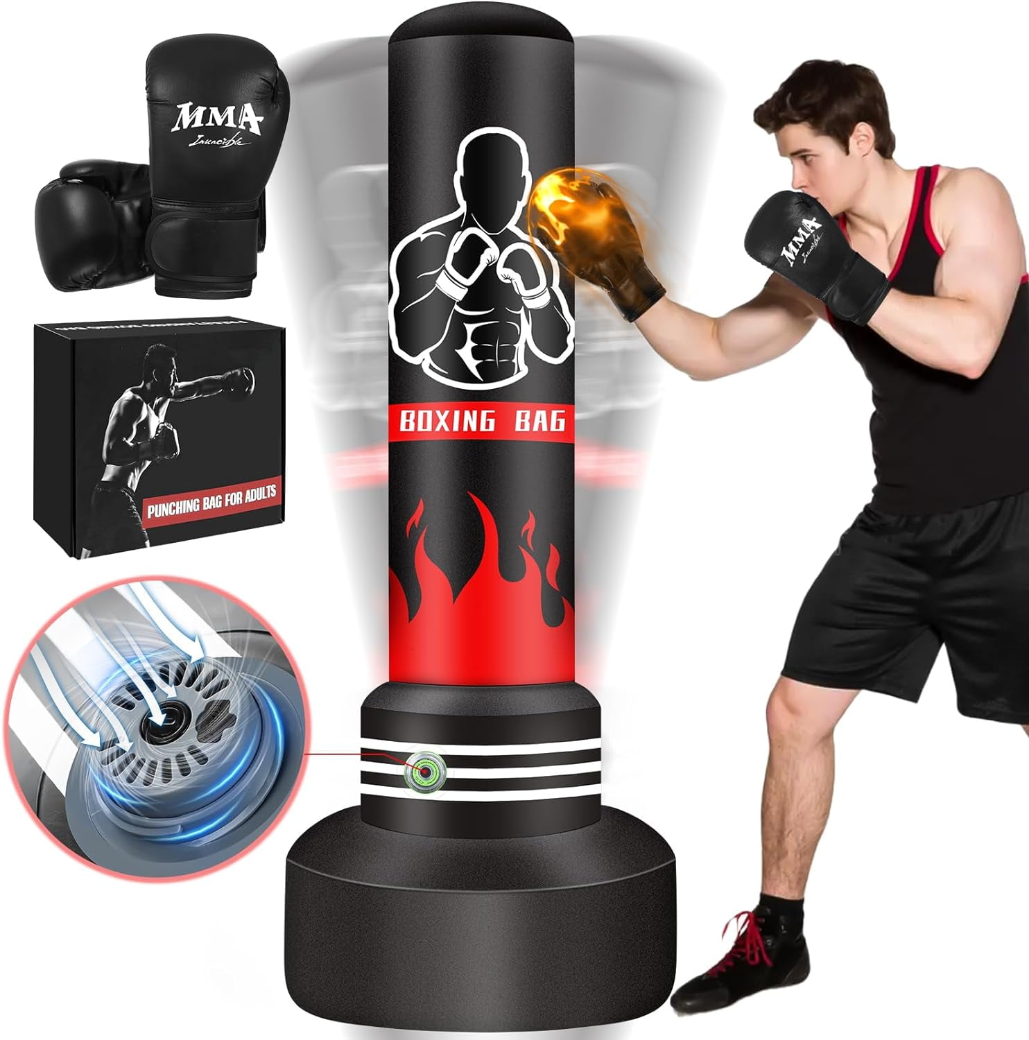Punching Bag with Stand Adult Freestanding Heavy Boxing Punching Bag with Boxing Gloves and Electric Air Pump for Adult Youth Men Stand Kickboxing