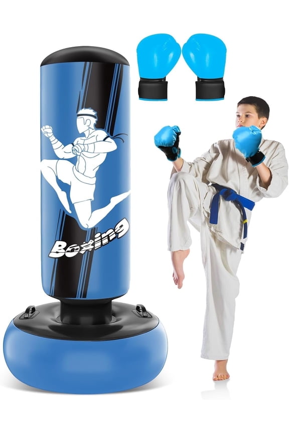 Punching Bag for Kids, 65inch Inflatable Boxing Bag with Boxing Gloves for Practicing MMA Karate Taekwondo and to Relieve Pent Up Energy(Blue)