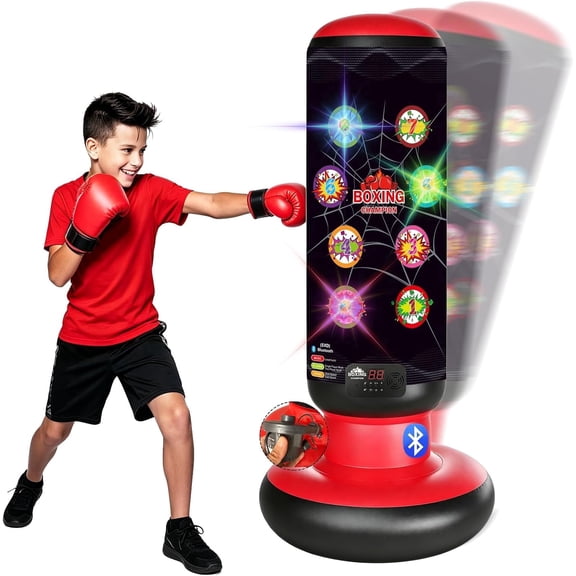 Punching Bag for Kids 63 inch Stable Inflatable Boxing Bag with Fast Electric Pump Scoring Bluetooth Music LED Lights Gloves Freestanding Toys Birthday Gift for Boys Girls Ages 4-8-12