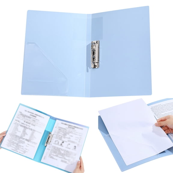Punchless Clamp Binder Folder, Ringless Binder Holds with Pocket, Flexible Metal Clip and Poly Covers, Letter Size Pages, for Work, Classroom and Office, Blue