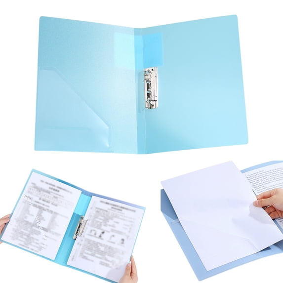 Punchless Clamp Binder Folder, Ringless Binder Holds with Pocket, Flexible Metal Clip and Poly Covers, Letter Size Pages, for Work, Classroom and Office, Clear Blue