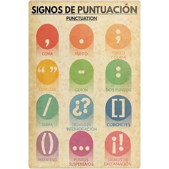 Punctuation Charts Metal Signs Writing And Grammar Posters Spanish Classroom Learning Plaque Decoration School Home Study Wall Dcor 8x12 inches