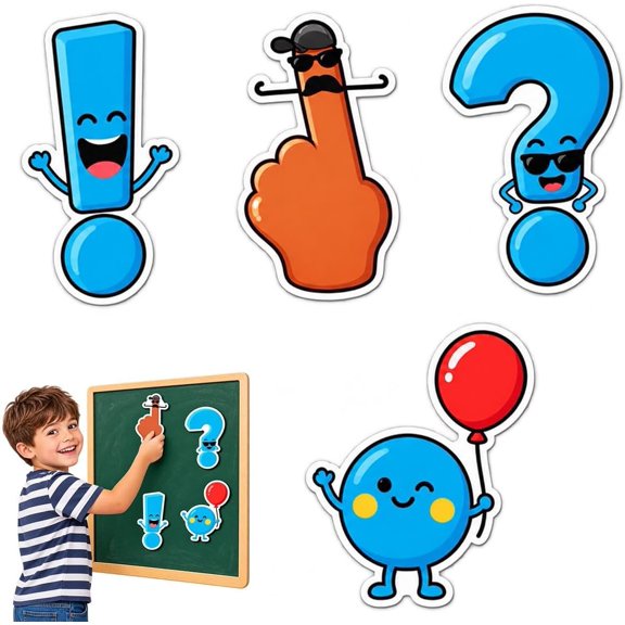 Punctuation Magnets for Classroom, 4-Piece Cartoon Grammar Teaching Aid | Cartoon Magnetic Whiteboard Symbols for Grammar Lessons, Homeschool Practice, Refrigerators, Lockers, and Teacher Supplies