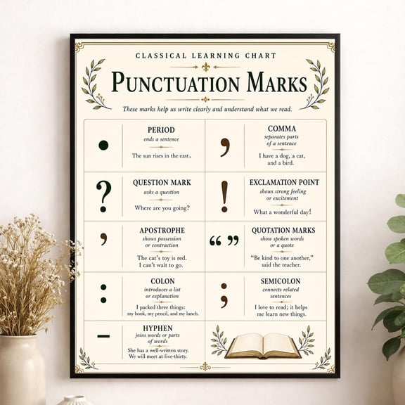 Punctuation Mark Chart Wall Decor Classical Learning Grammar Language Teacher Classroom Reference Homeschool Study Room Decor