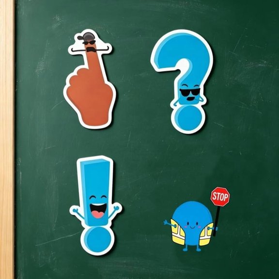 Punctuation Pals Magnetic Whiteboard Accents,4-Piece Set with Cartoon Exclamation Question Mark Period Comma Magnets,Fun Grammar Learning Tools for Classroom School Home,Language Arts Decor (1 Set)