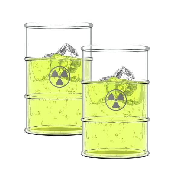 Pund'it Polluted Shatter Resistant Drink Glasses, Set of 2, 16oz Radioactive Barrel Themed Cocktail and Soda Glasses
