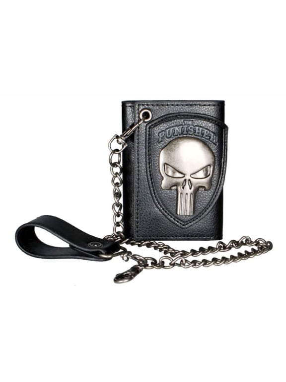 Punisher Metal Skull Logo Trifold Clutch Wallet With Chain