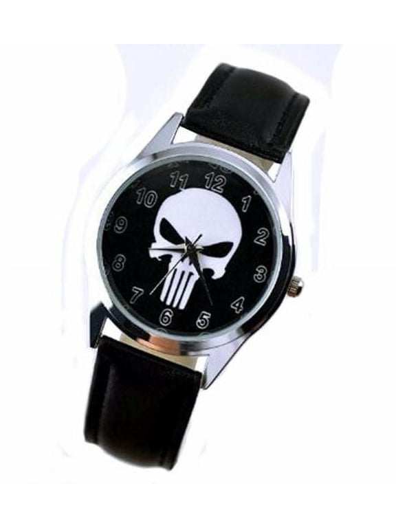 Punisher Round Logo Genuine Leather Band Wrist Watch