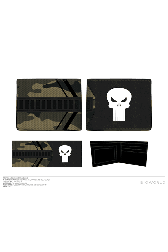 Marvel Universe Punisher Skull Logo Men's Black & Camo Bifold Wallet
