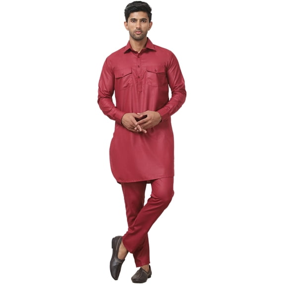 Punjabi Kurta Pajama Set Pathani Cotton India Clothes for Men (Maroon, L)
