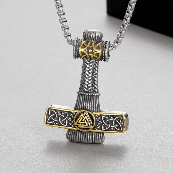 Punk 14K White Gold Necklace for Men Thor Hammer Mjolnir Viking Amulet Hammer Scandinavian Pendant Norse Jewelry Chain Pendant Jewelry