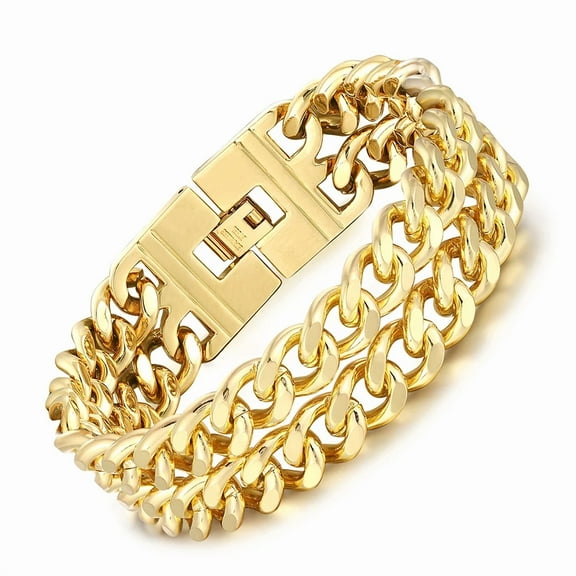 Punk 14K Yellow Gold Double Curb Cuban Link Bracelet For Men 24mm Thick Golden Color Chain Link Bracelet Hip Hop Jewelry Male Gift