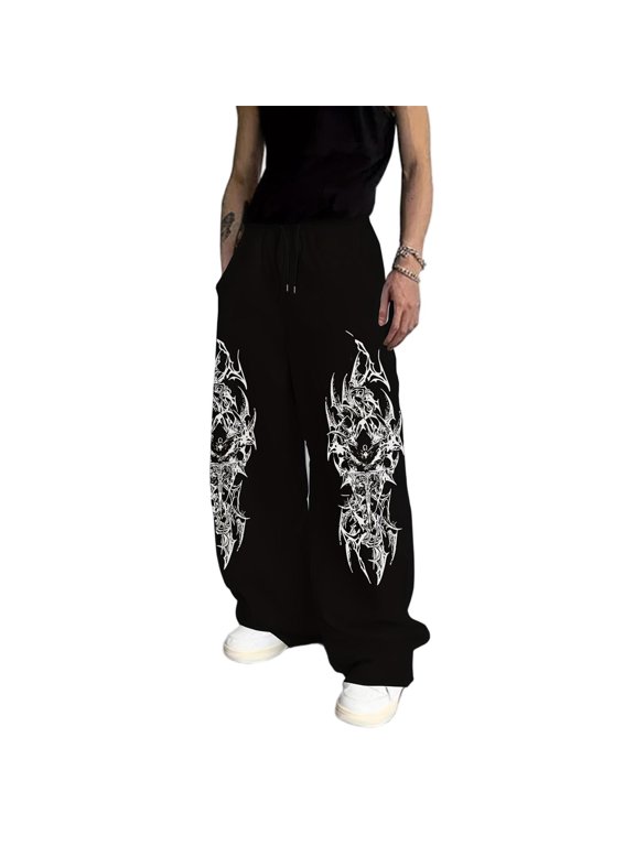 Punk Alt Gothic Thorn Demon Print Black Baggy Sweatpants Men Baggy Tracksuit Bottoms, Oversized Wide Leg Trousers, Hip Hop Casual Skate Festival Daily Wear