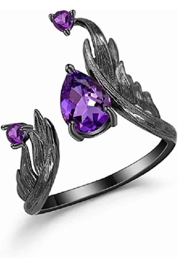 Punk Amethyst Teardrop Open Ring for Women Unisex Fashion Purple Crystal Black Fire Band Wrap Finger Rings Adjustable Comfort Fit Gothic Holiday Halloween Jewelry