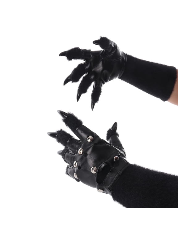 Punk Animal Cat Mittens Claws Nail Gloves,Plush Steampunk Wolf Cat Fox Paws Gloves,Gothic Party Fursuit Paws