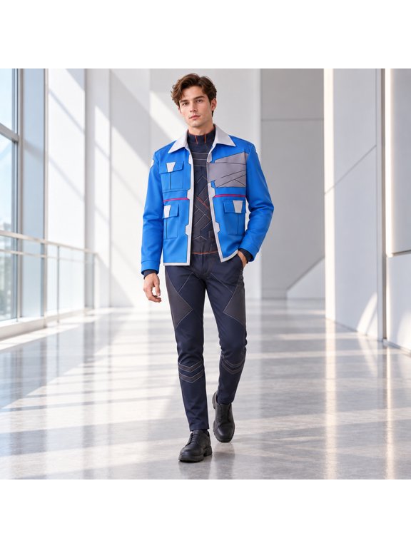 Punk Anime Blue Multi-Pockets Utility Jacket Cosplay Costume Set Unisex Streetwear Halloween Outfit for Men