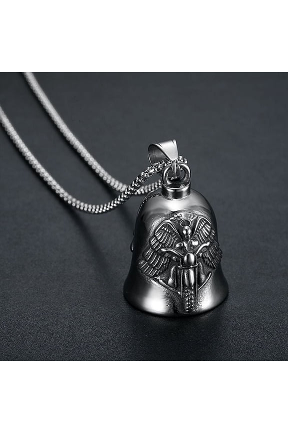Punk Archangel Michael Wings Motorcycle Bell 14K White Gold Pendant Necklace Men\'s Personalized Biker Rock Party Exorcist Jewelry