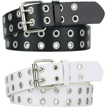 Punk Belts,Double Grommet Belts, 43*1.5in PU Leather Belts Unisex (Black,White,2Pcs)