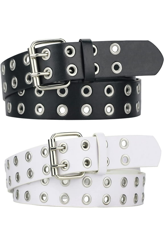 Punk Belts,Double Grommet Belts, 43*1.5in PU Leather Belts Unisex (Black,White,2Pcs)