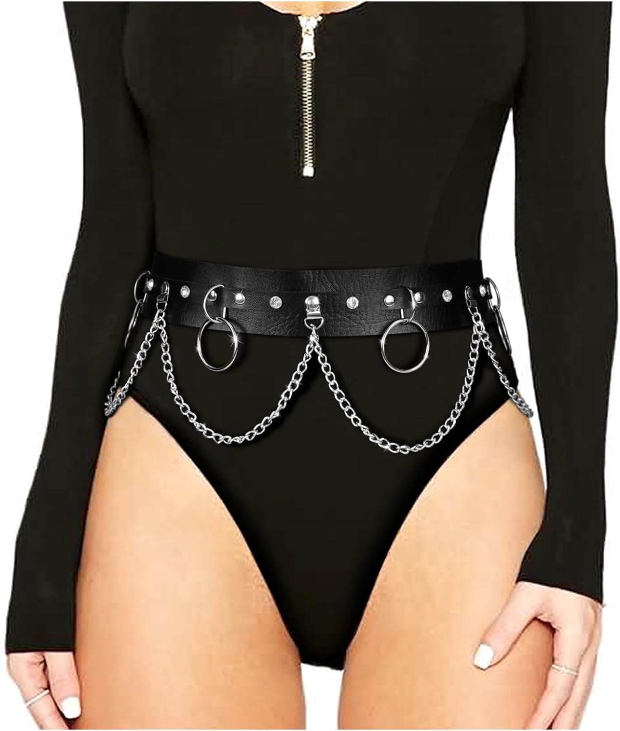 Black Leather Waist Chain Punk Rave Accessories Adjustable for Women Punk Leather Waist Chain Belt Ring Harness Body Chain  main image 2