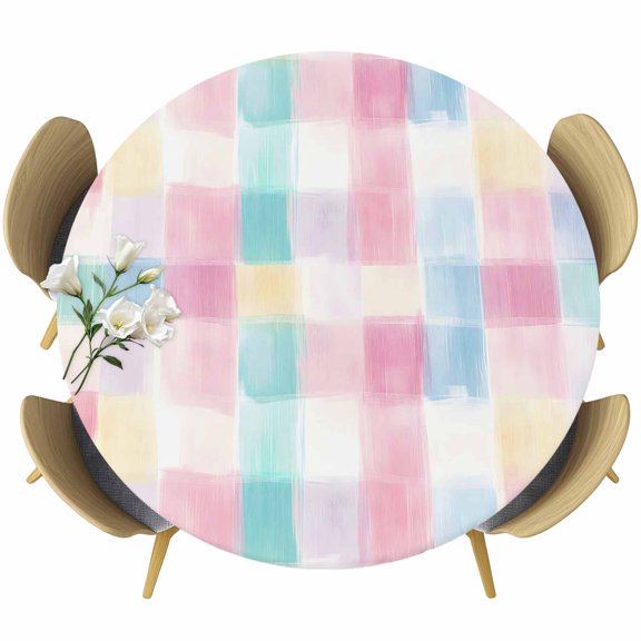 Punk Blue Check Round Tablecloth 36-44 Inch Round Fitted Table Cloth with Elastic Edge, Boho Rainbow Minimalist Aesthetic Waterproof Table Cover Protector for Outdoor Picnic Party Dining