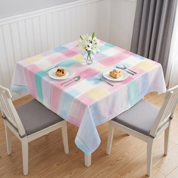 Punk Blue Check Table Cloth Waterproof Tablecloths, Boho Rainbow Minimalist Aesthetic Tablecloth Dining Table Cover for Kitchen Party Tabletop Outdoor, Square Tablecloth 60x60 Inch
