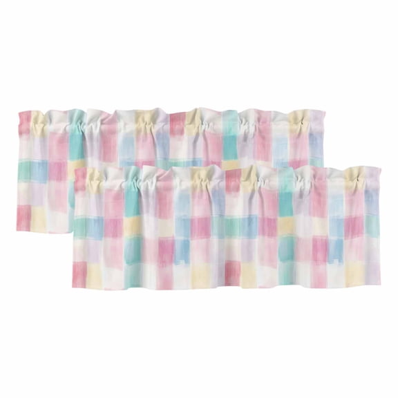 Punk Blue Check Valances for Windows, Boho Rainbow Minimalist Aesthetic Light Filtering Kitchen Curtains, Rod Pocket Window Valance Curtains for Living Room Bedroom, 54" W x 18" L, 2 Panels