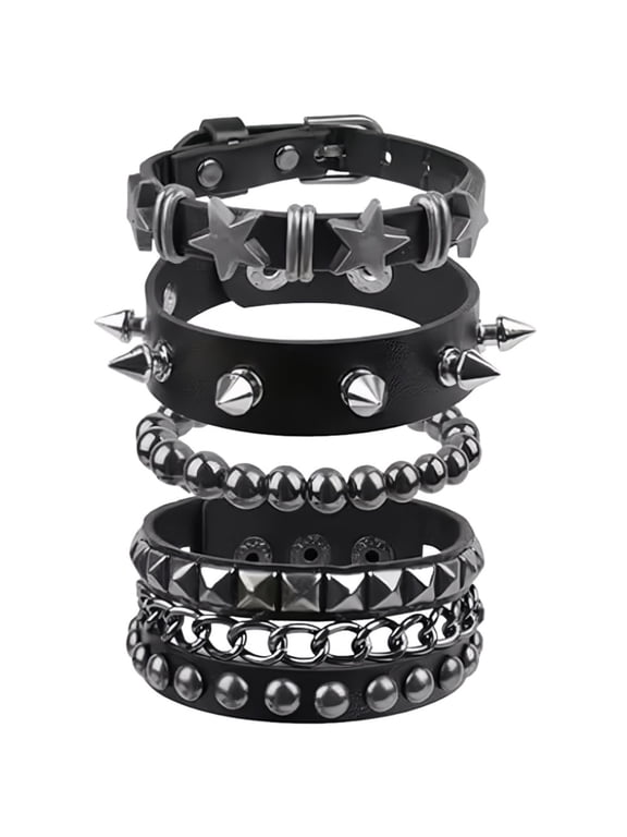 Punk Bracelet Studded Spiky for Men, Women, Adjustable Accessories 4 Pcs