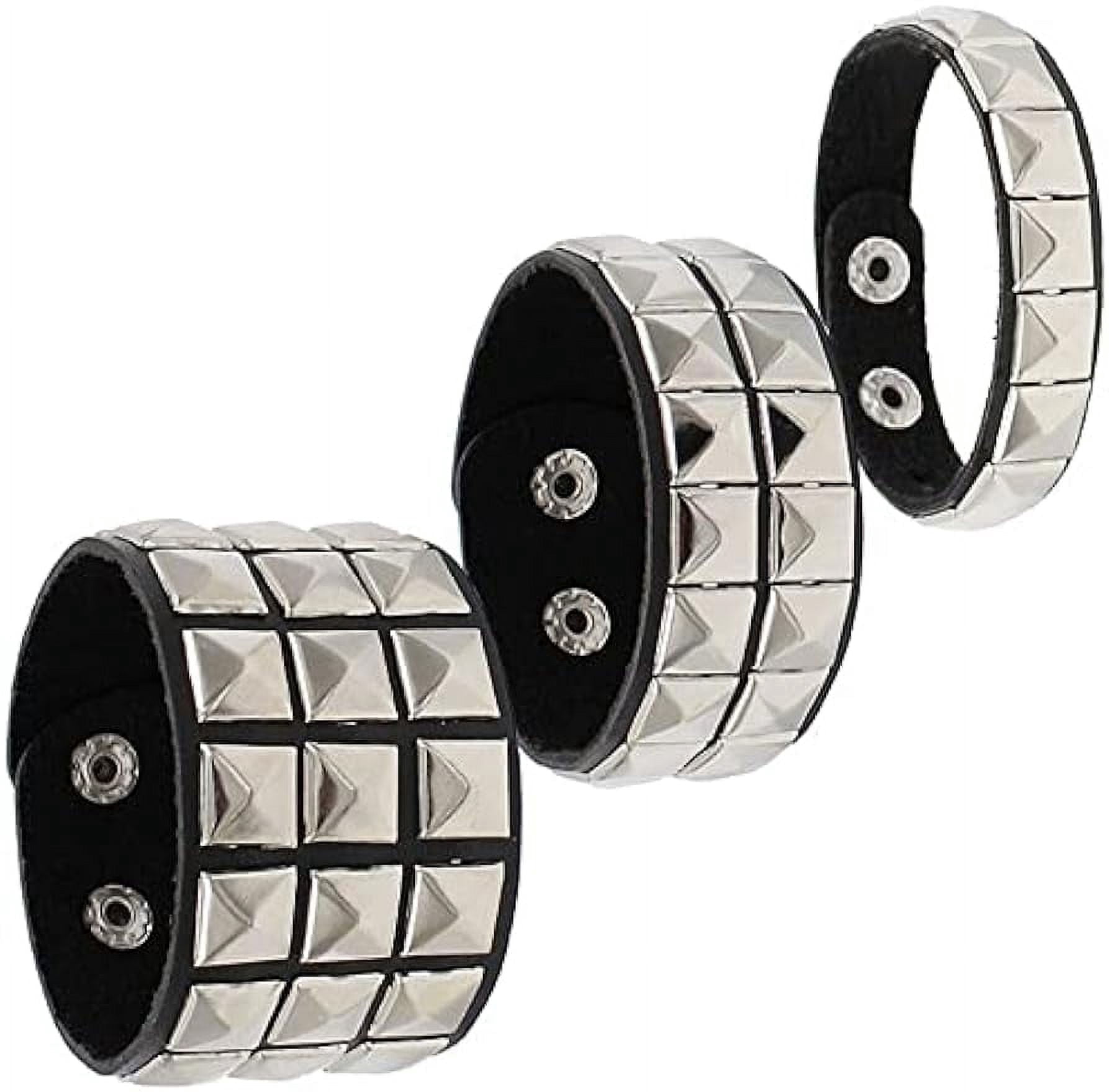Punk Bracelet for Men Women - Goth Black Leather Wristband with