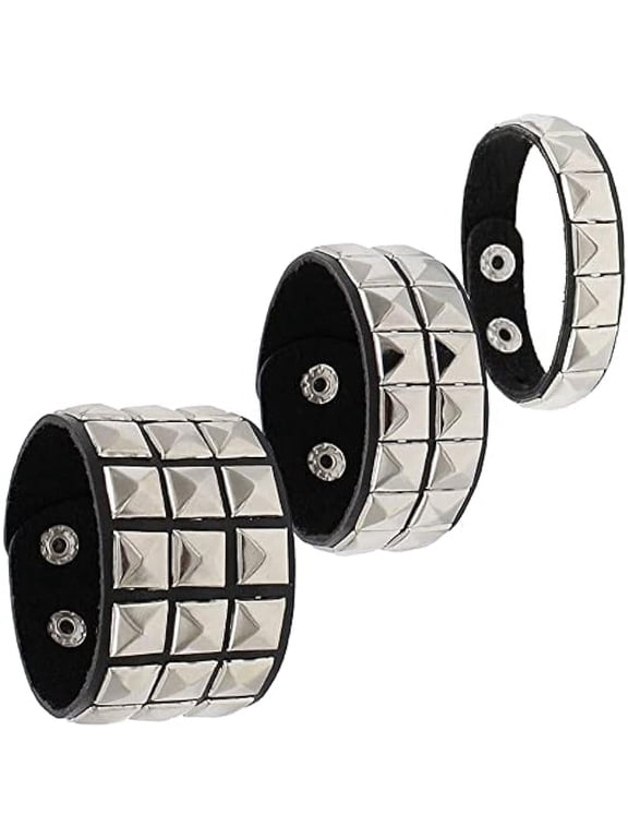 Punk Bracelet for Men Women - Goth Black Leather Wristband with Metal Studded - Spike Rivets Cuff Bangle (3 Studded Bracelet)