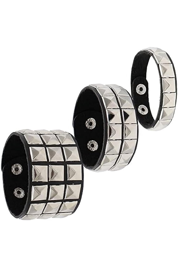 Punk Bracelet for Men Women - Goth Black Leather Wristband with Metal Studded - Spike Rivets Cuff Bangle (3 Studded Bracelet)