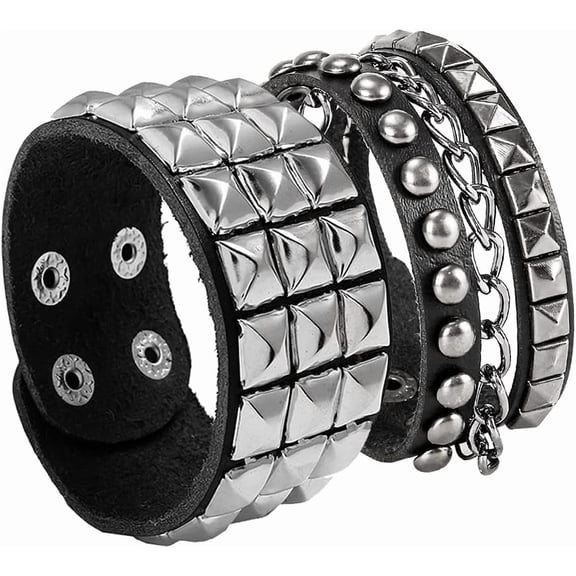 Punk Bracelet for Men Women - Goth Leather Wristband with Metal Studded for Party
