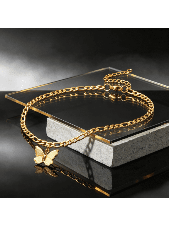Punk Butterfly Charm Figaro Chain Ankle Bracelet For Women Leg Foot Chain Crafted In 14K Gold Filled, Contemporary Cultural Theme Accent Jewelry