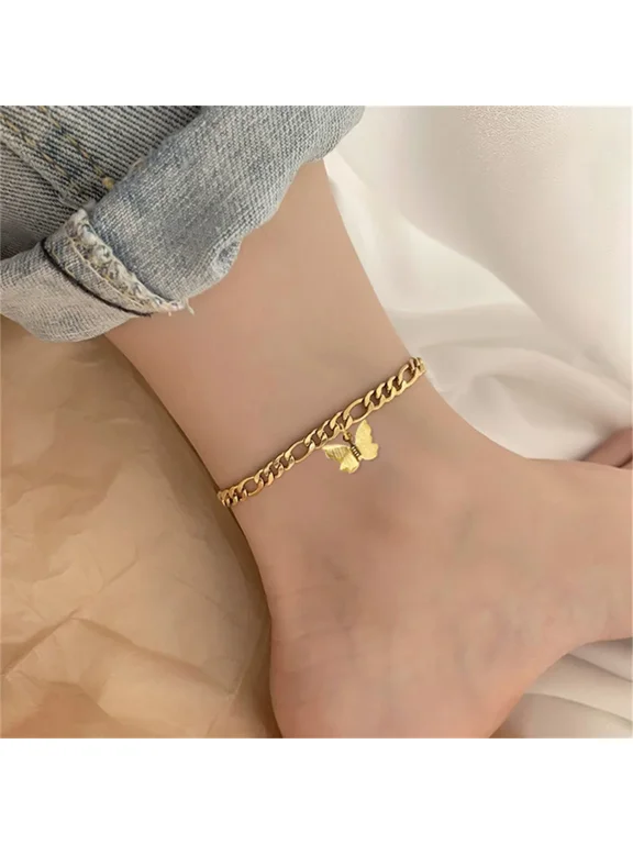 14K Gold Filled Foot Jewelry Gift Featuring Dainty Butterfly Charm On Classic FigaroLink Anklet, Bold PunkStyle Silhouette, Practical SandalsReady Leg Chain Accessory for Women