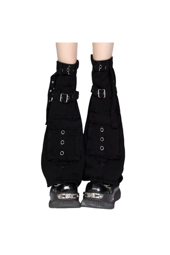 Punk Cargo Denims Leg Warmer with Buckled Strap and Pocket Harajuku Boot Cover Over Knee Flared Stockings for Women