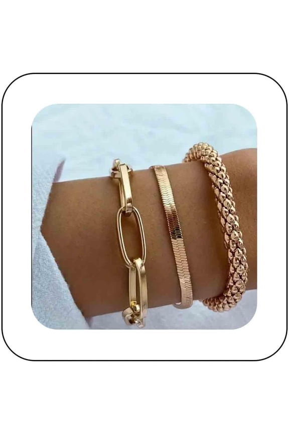 Punk Chunky Bracelet Elastic Thick Bracelets Chain Adjustable Snake Herringbone Bracelet Hand Chain Metal Gold Paperclip Link Chain Bracelet Set Jewelry for Women 3Pcs