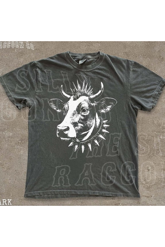 Punk Cow Shirt, Funny Grunge T-Shirt, Vintage Rocker Tee For Men Women, Goth Farm Animal Graphic Tee, Edgy Alt Clothing Top DARK HEATHER Unisex S-5XL Hot Trending Shirt, Vintage Birthday Gift