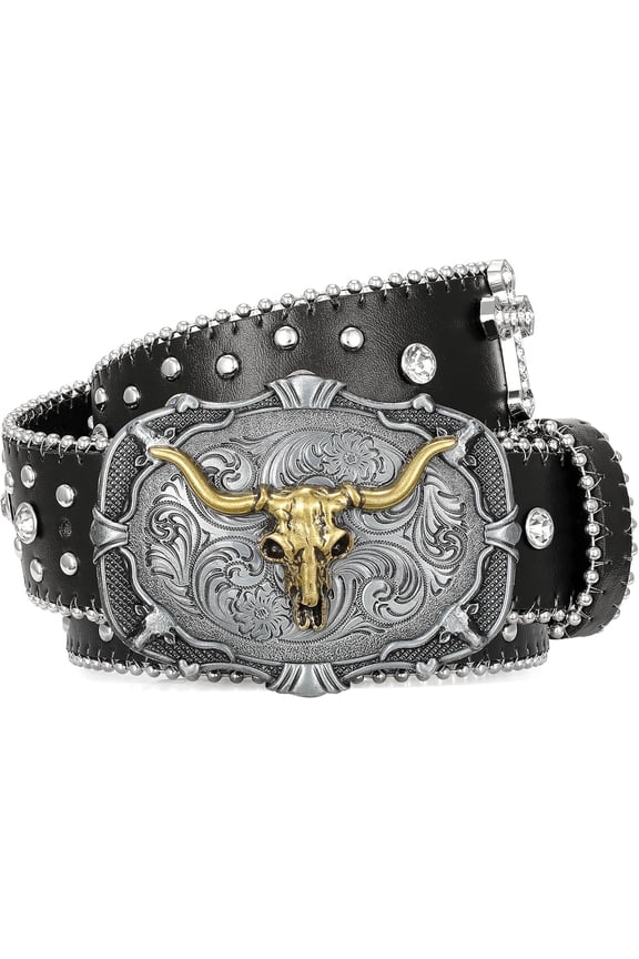 Punk & Cowboy Belts for Men & Women, PU Leather Western Punk Rock Belt with Western Bull Buckle